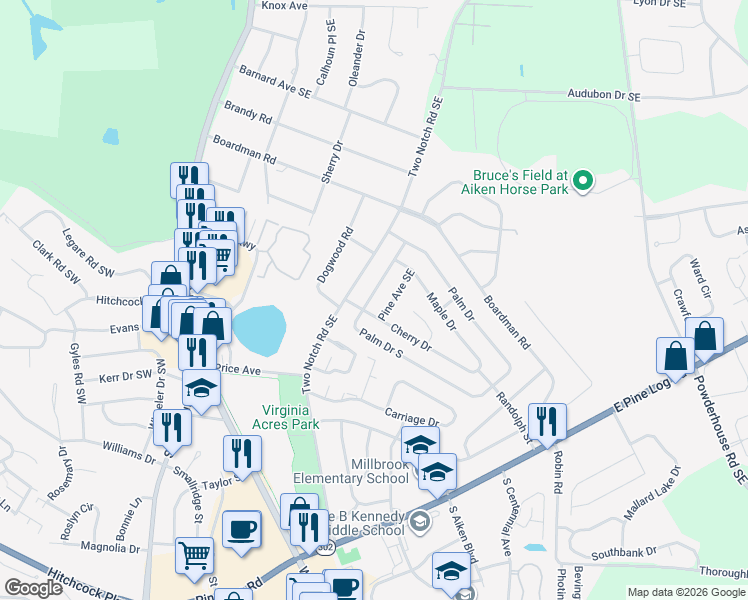 map of restaurants, bars, coffee shops, grocery stores, and more near 422 Palm Drive South in Aiken