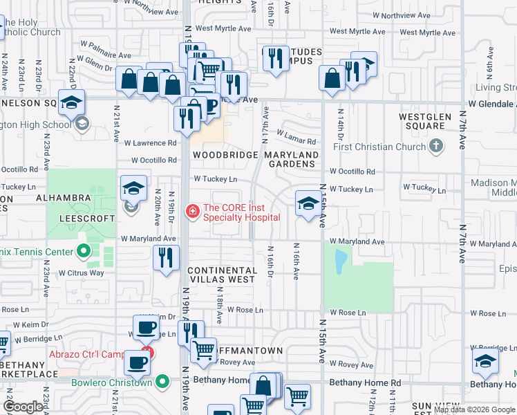 map of restaurants, bars, coffee shops, grocery stores, and more near 6545 North 17th Avenue in Phoenix