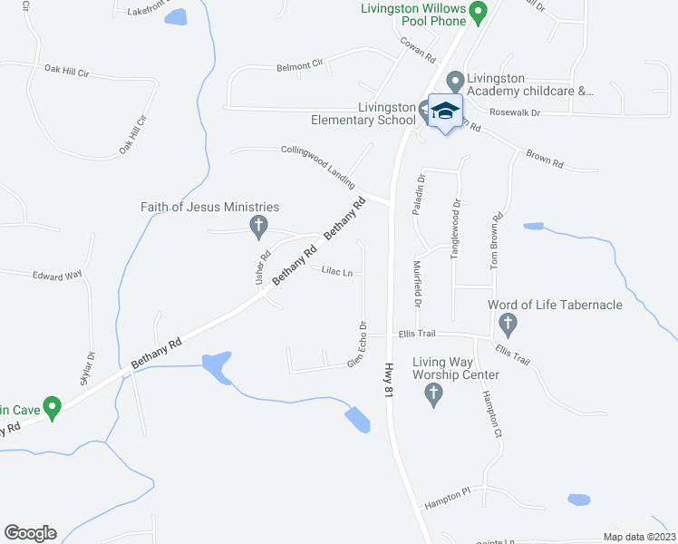 map of restaurants, bars, coffee shops, grocery stores, and more near Lilac Lane in Covington