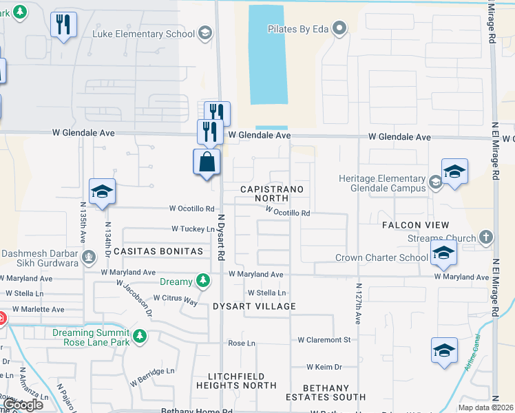map of restaurants, bars, coffee shops, grocery stores, and more near 12909 West Ocotillo Road in Glendale