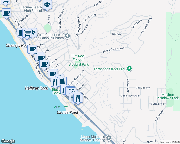map of restaurants, bars, coffee shops, grocery stores, and more near 760 Rembrandt Drive in Laguna Beach