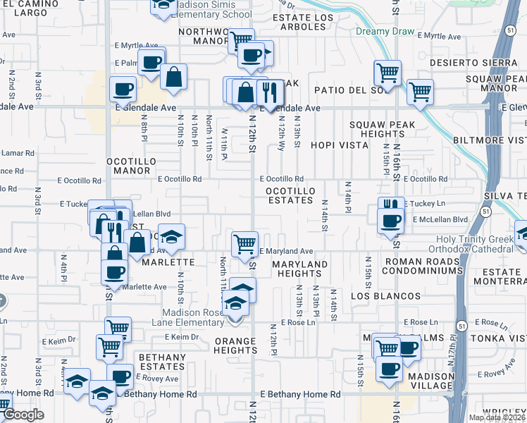 map of restaurants, bars, coffee shops, grocery stores, and more near 6541 North 12th Street in Phoenix