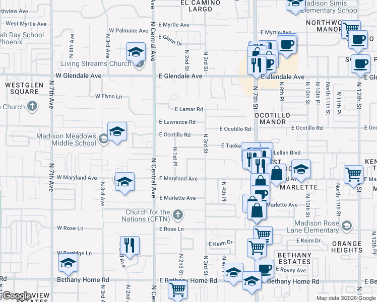 map of restaurants, bars, coffee shops, grocery stores, and more near 6536 North 2nd Street in Phoenix
