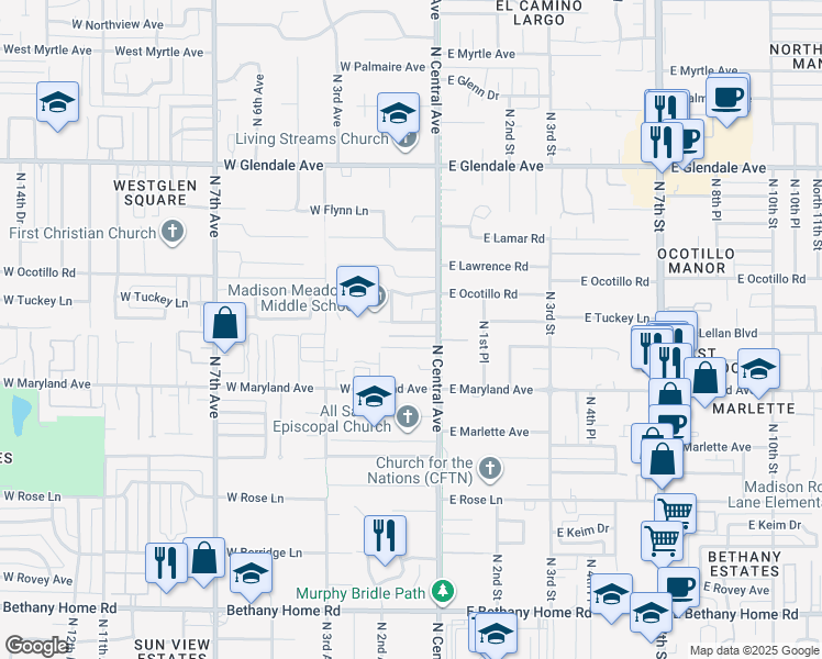 map of restaurants, bars, coffee shops, grocery stores, and more near 37 West Sierra Vista Drive in Phoenix