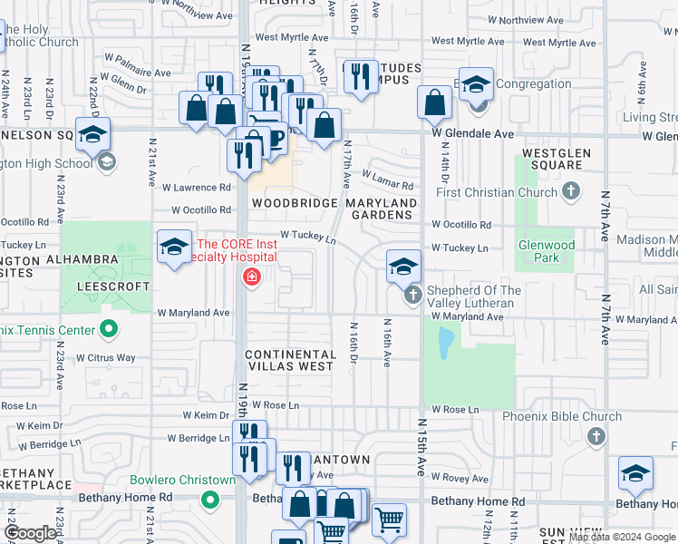 map of restaurants, bars, coffee shops, grocery stores, and more near 6535 North 17th Avenue in Phoenix