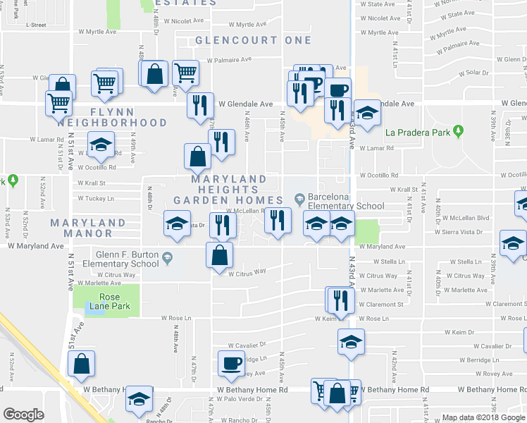 map of restaurants, bars, coffee shops, grocery stores, and more near 4529 West McLellan Road in Glendale