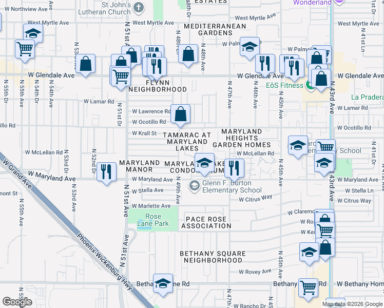 map of restaurants, bars, coffee shops, grocery stores, and more near 6601 North 48th Avenue in Glendale