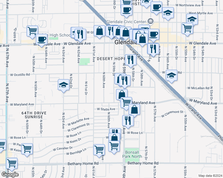 map of restaurants, bars, coffee shops, grocery stores, and more near 6532 North 59th Drive in Glendale