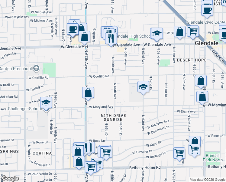map of restaurants, bars, coffee shops, grocery stores, and more near 6529 West Ocotillo Road in Glendale