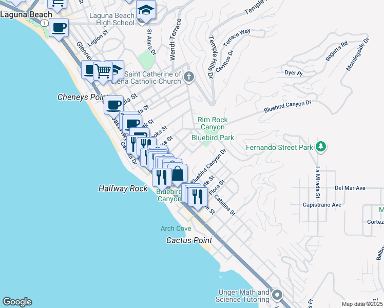 map of restaurants, bars, coffee shops, grocery stores, and more near 1500 Carmelita Street in Laguna Beach