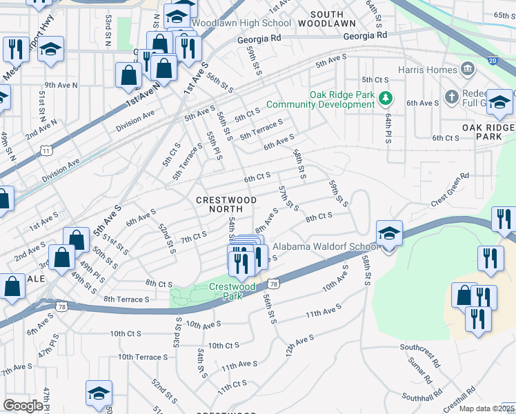 map of restaurants, bars, coffee shops, grocery stores, and more near 5620 8th Avenue South in Birmingham