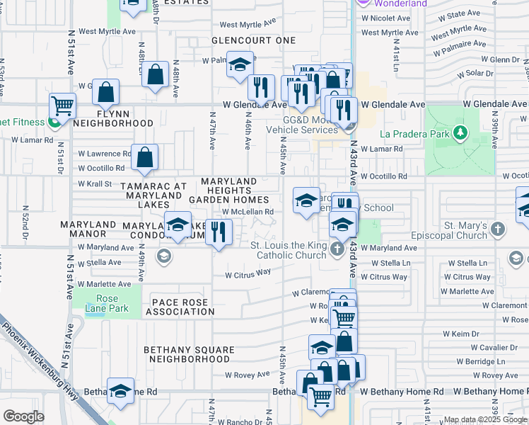 map of restaurants, bars, coffee shops, grocery stores, and more near 4529 West McLellan Road in Glendale