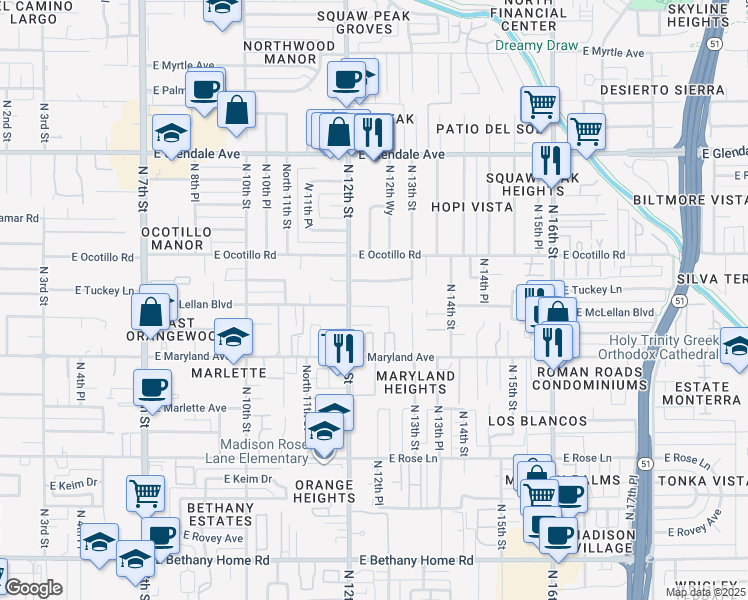 map of restaurants, bars, coffee shops, grocery stores, and more near 1231 East McLellan Boulevard in Phoenix