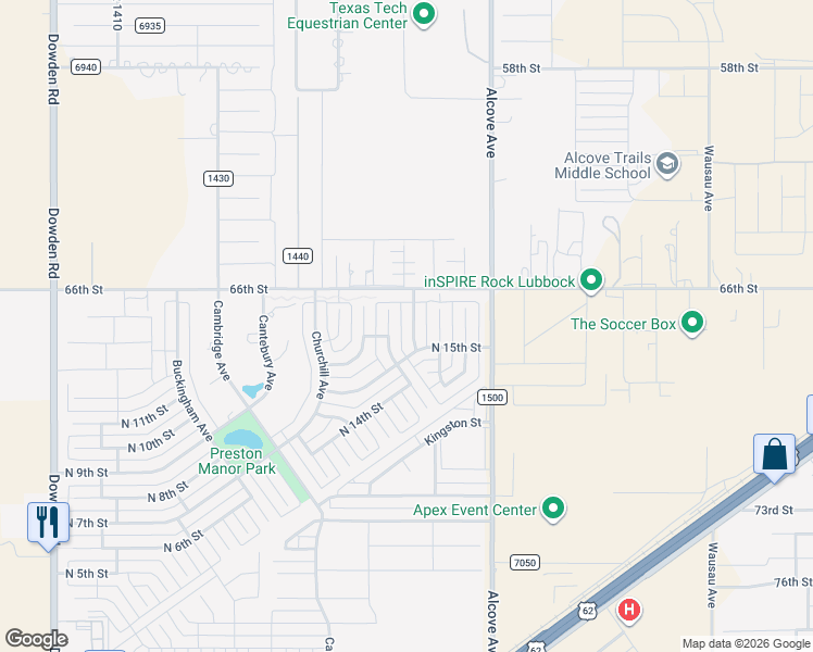 map of restaurants, bars, coffee shops, grocery stores, and more near 1507 Nottingham Avenue in Wolfforth