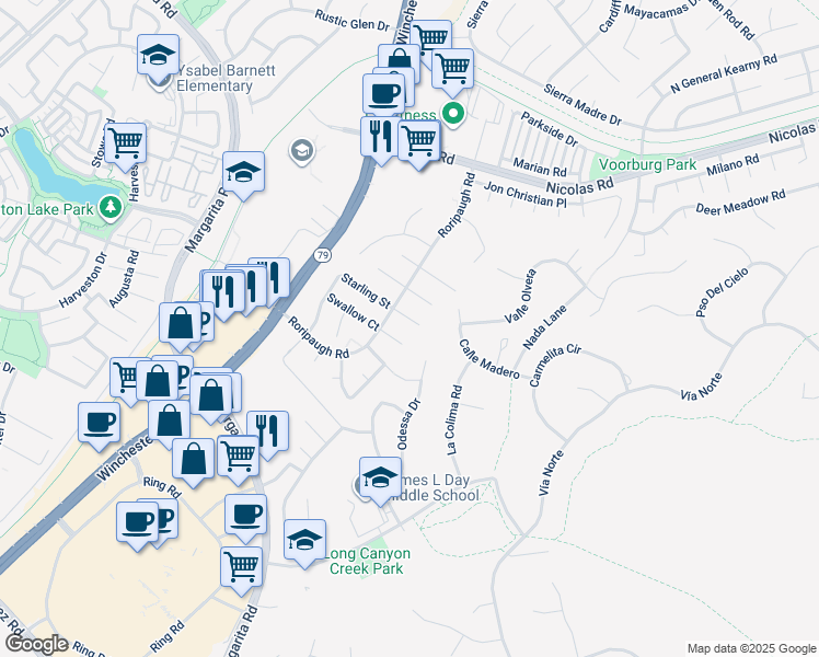 map of restaurants, bars, coffee shops, grocery stores, and more near 27565 Senna Court in Temecula