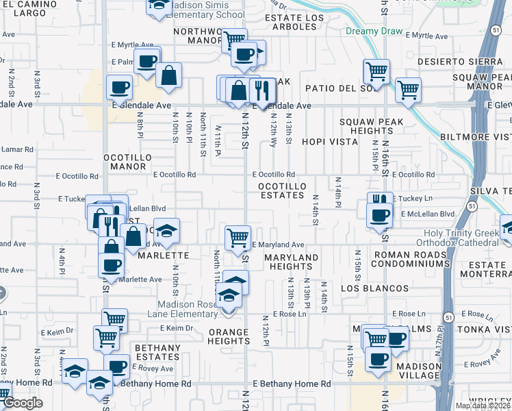 map of restaurants, bars, coffee shops, grocery stores, and more near 6541 North 12th Street in Phoenix