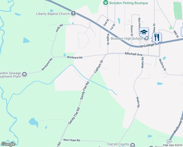 map of restaurants, bars, coffee shops, grocery stores, and more near 226 Lipham Street in Bowdon
