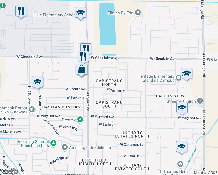map of restaurants, bars, coffee shops, grocery stores, and more near 12935 West Lawrence Court in Glendale