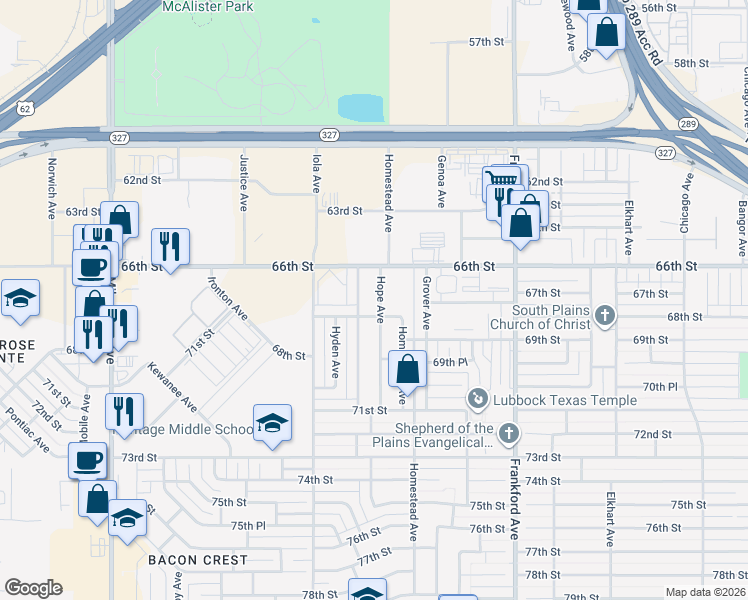 map of restaurants, bars, coffee shops, grocery stores, and more near 6612 Hope Avenue in Lubbock