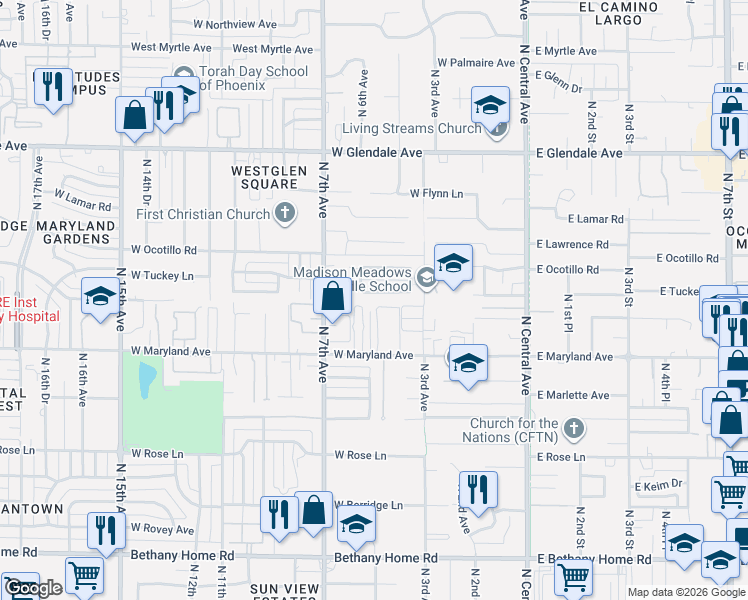 map of restaurants, bars, coffee shops, grocery stores, and more near 6547 North 5th Avenue in Phoenix