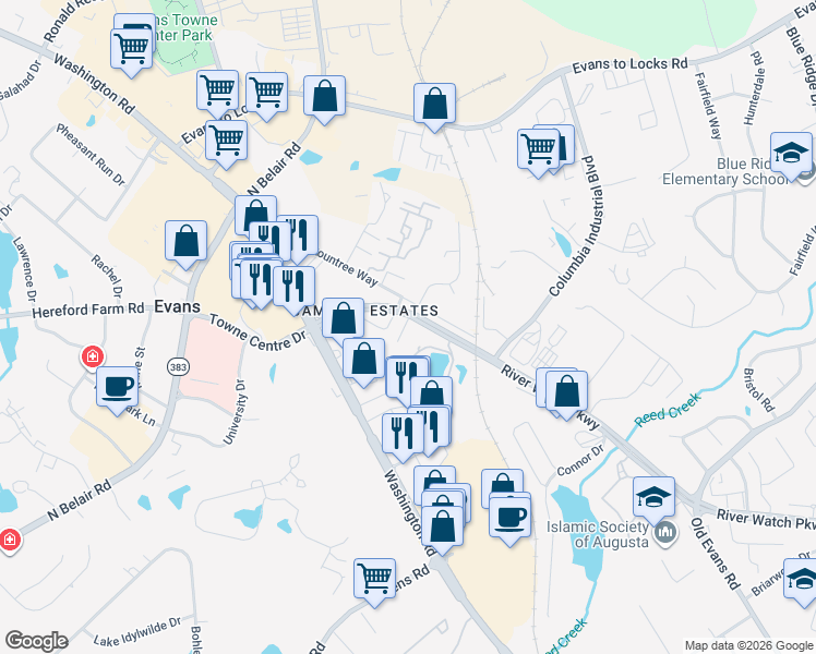 map of restaurants, bars, coffee shops, grocery stores, and more near 2820 Old Riah Road in Evans