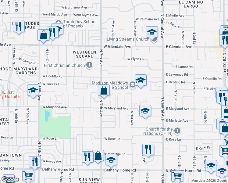 map of restaurants, bars, coffee shops, grocery stores, and more near 6547 North 5th Avenue in Phoenix