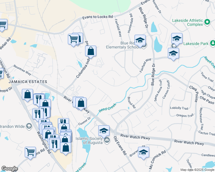map of restaurants, bars, coffee shops, grocery stores, and more near 4174 Arlington Road in Evans