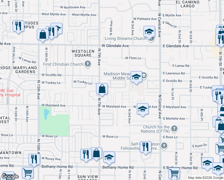 map of restaurants, bars, coffee shops, grocery stores, and more near 6547 North 5th Avenue in Phoenix