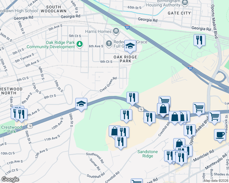 map of restaurants, bars, coffee shops, grocery stores, and more near 6321 Crest Green Road in Birmingham