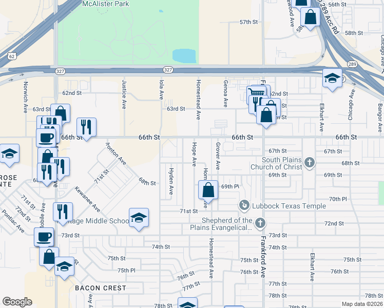 map of restaurants, bars, coffee shops, grocery stores, and more near 6612A Hope Avenue in Lubbock