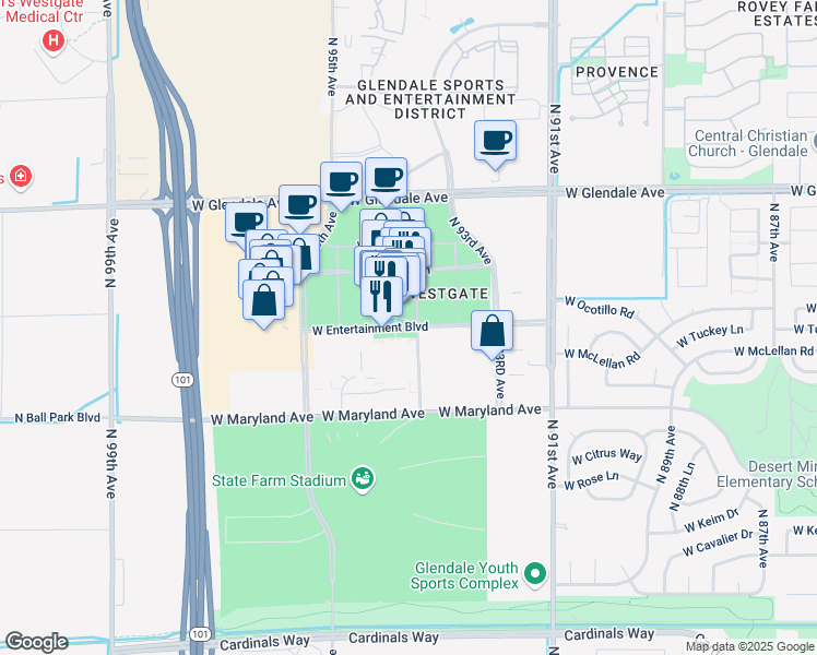 map of restaurants, bars, coffee shops, grocery stores, and more near 6770 North Sunrise Boulevard in Glendale