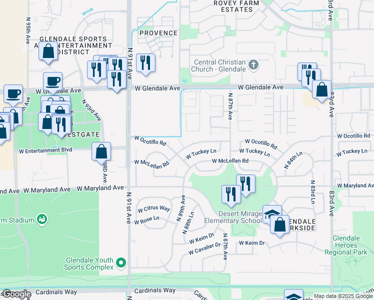 map of restaurants, bars, coffee shops, grocery stores, and more near 8759 West Tuckey Lane in Glendale