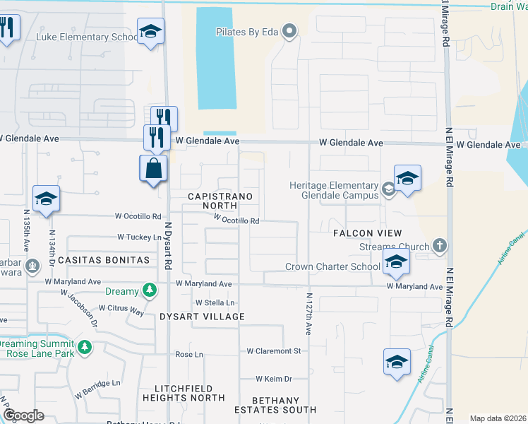 map of restaurants, bars, coffee shops, grocery stores, and more near 12823 West Ocotillo Road in Glendale
