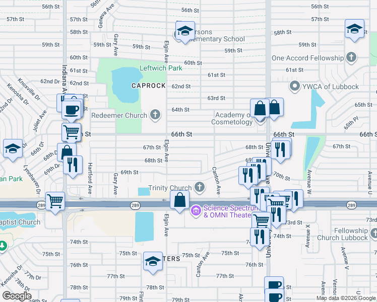 map of restaurants, bars, coffee shops, grocery stores, and more near 6801 Detroit Ave in Lubbock