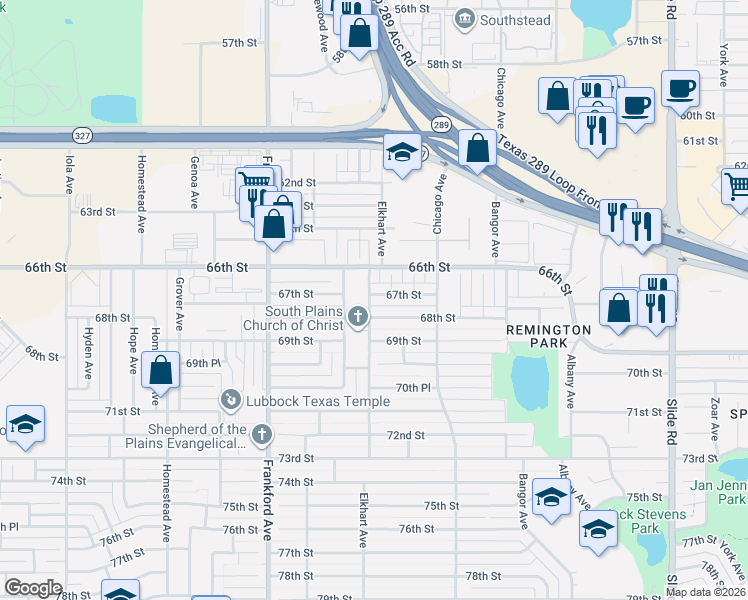 map of restaurants, bars, coffee shops, grocery stores, and more near 6802 Elkhart Avenue in Lubbock