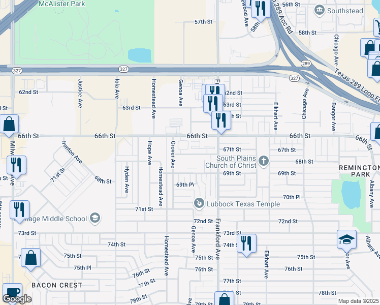 map of restaurants, bars, coffee shops, grocery stores, and more near 5879 67th Street in Lubbock