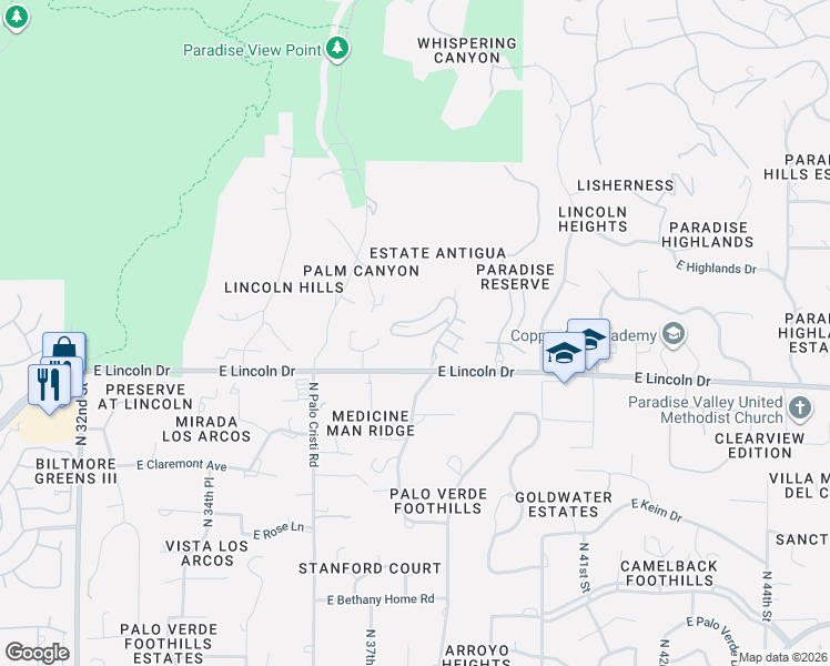 map of restaurants, bars, coffee shops, grocery stores, and more near 3752 East Lincoln Drive in Phoenix