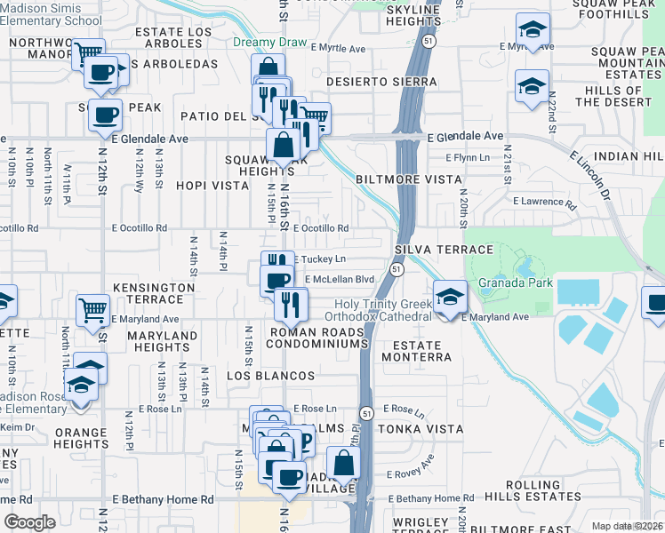 map of restaurants, bars, coffee shops, grocery stores, and more near 1641 East McLellan Boulevard in Phoenix
