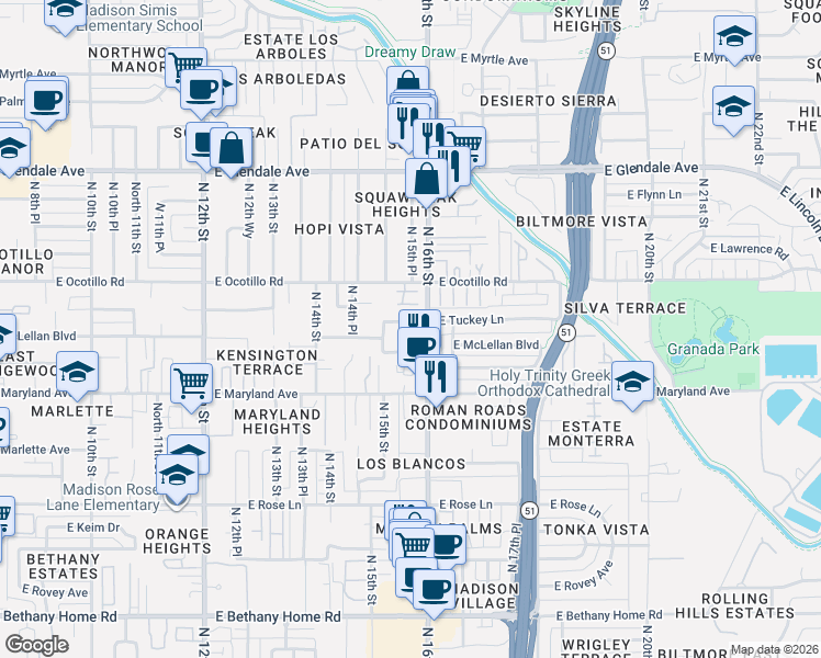map of restaurants, bars, coffee shops, grocery stores, and more near 1515 East McLellan Boulevard in Phoenix