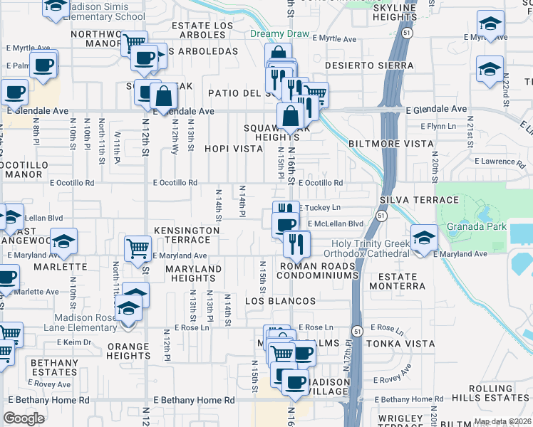 map of restaurants, bars, coffee shops, grocery stores, and more near 1515 East McLellan Boulevard in Phoenix