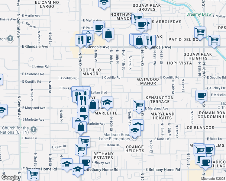 map of restaurants, bars, coffee shops, grocery stores, and more near 6535 North 10th Street in Phoenix