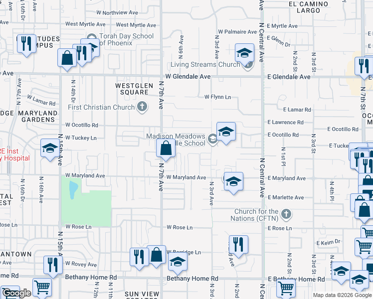 map of restaurants, bars, coffee shops, grocery stores, and more near 6547 North 5th Avenue in Phoenix