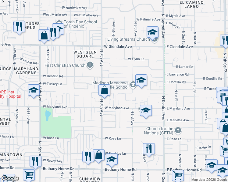 map of restaurants, bars, coffee shops, grocery stores, and more near 6547 North 5th Avenue in Phoenix