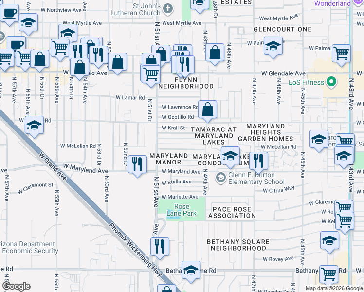 map of restaurants, bars, coffee shops, grocery stores, and more near 5013 West McLellan Road in Glendale