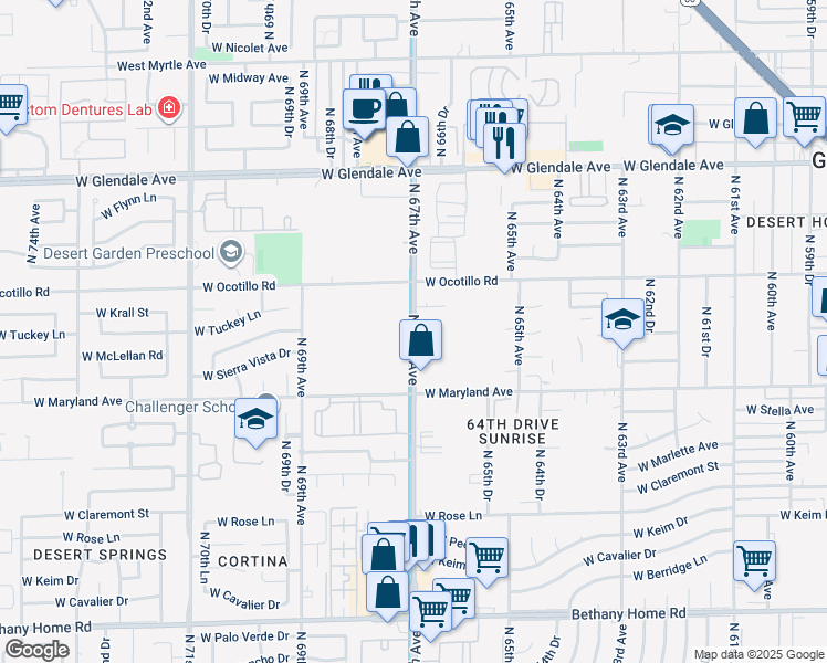 map of restaurants, bars, coffee shops, grocery stores, and more near 6527 North 67th Avenue in Glendale