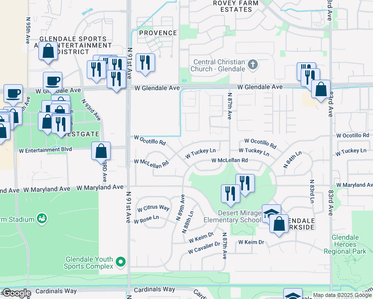 map of restaurants, bars, coffee shops, grocery stores, and more near 8759 West Tuckey Lane in Glendale