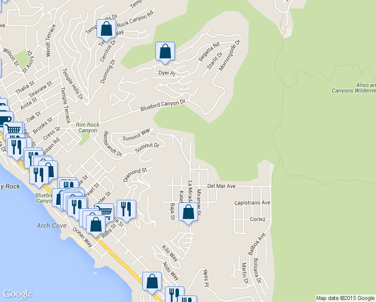 map of restaurants, bars, coffee shops, grocery stores, and more near 1264 La Mirada Street in Laguna Beach