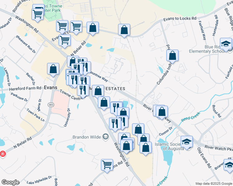 map of restaurants, bars, coffee shops, grocery stores, and more near 2820 Old Riah Road in Evans