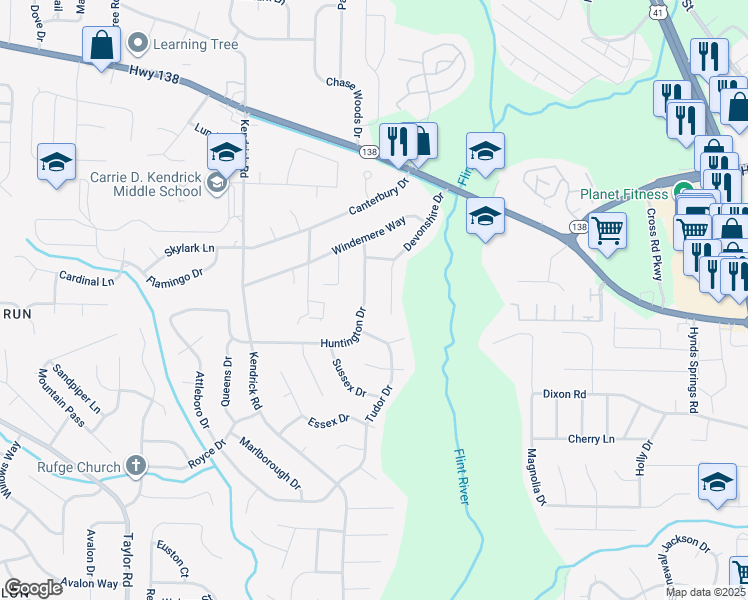 map of restaurants, bars, coffee shops, grocery stores, and more near 8127 Huntington Drive in Jonesboro