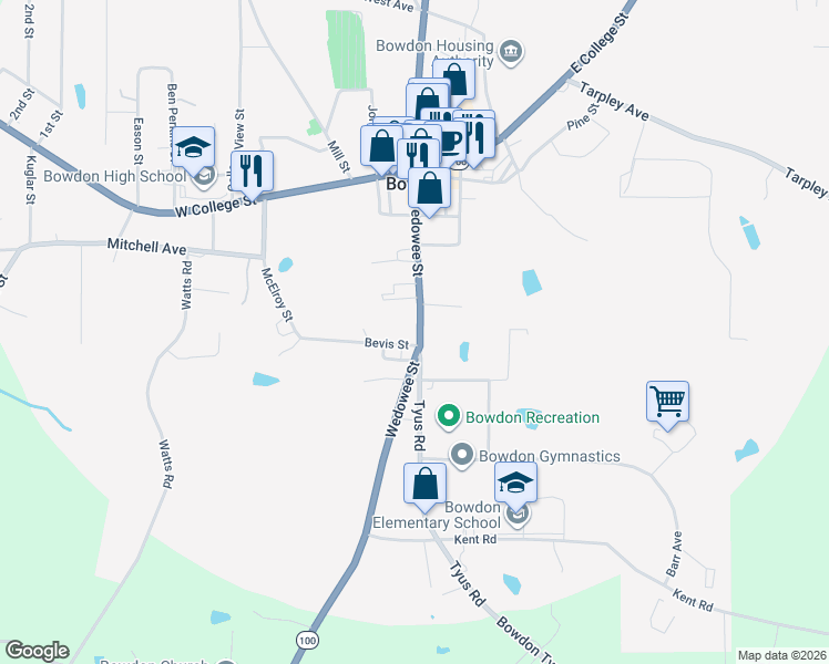 map of restaurants, bars, coffee shops, grocery stores, and more near 414 Wedowee Street in Bowdon